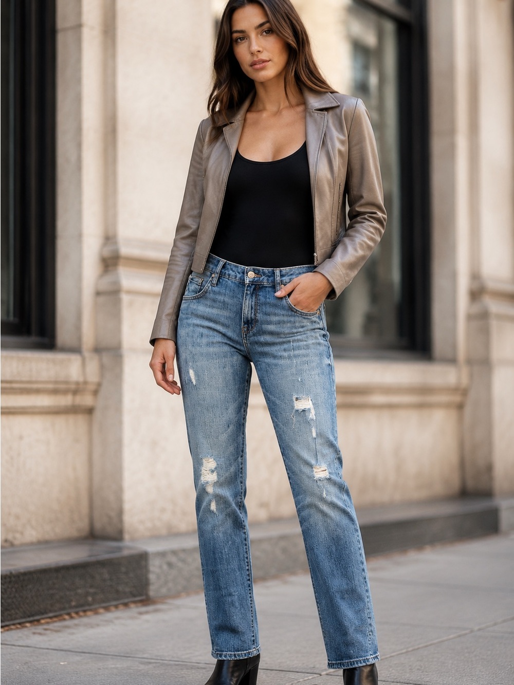 William Rast Distressed Straight-Leg Jeans in Mid Blue